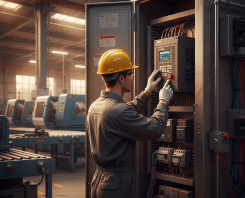 A technician adjusting the settings on a Yaskawa V1000 variable frequency drives VFDs unit, which is mounted in an industr...